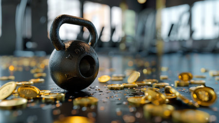 A kettlebell rests on a gym floor, surrounded by shimmering gold coins, symbolizing wealth and aspiration in a modern fitness environment.の素材