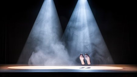 Evocative image of an empty stage bathed in soft spotlight, surrounded by mist. Ideal for themes of performance, theater, or artistic solitude.の素材
