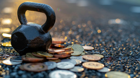 A heavy kettlebell rests among a mix of coins, reflecting sunlight on a textured surface. This image captures the connection between fitness and finance, symbolizing strength and investment in personal growth.の素材