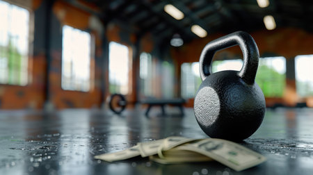A kettlebell placed beside a stack of cash in a bright gym interior symbolizes the connection between fitness and financial success, inspiring motivation in health.の素材