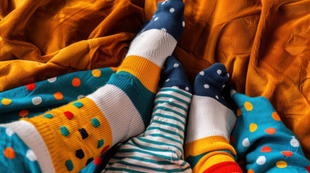 A delightful array of colorful socks featuring playful patterns rests atop a cozy blanket, showcasing comfort, style, and a cheerful atmosphere.の素材