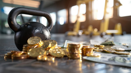 A kettlebell sits beside a pile of coins and dollar bills in a stylish gym environment, illustrating the relationship between fitness and financial success.の素材