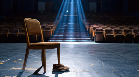 A solitary wooden chair sits on an empty theater stage, illuminated by dramatic beams of light, with a single shoe left on the floor, evoking a sense of anticipation and quiet reflection.の素材