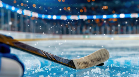 A close-up view of an ice hockey stick resting on the rink, with delicate snowflakes falling and a soft-focused arena in the background, capturing the spirit of the winter sport.の素材