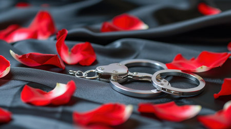 This captivating image features shiny handcuffs placed on a luxurious satin background adorned with vibrant red rose petals, evoking themes of romance and intimacy.の素材