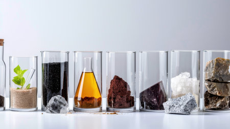 A collection of various natural materials is presented in laboratory glassware, showcasing different textures, colors, and forms for scientific analysis.の素材