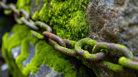This close-up image features a rusty chain resting on moss-covered rocks, showcasing vibrant green textures and intricate details of nature.の素材