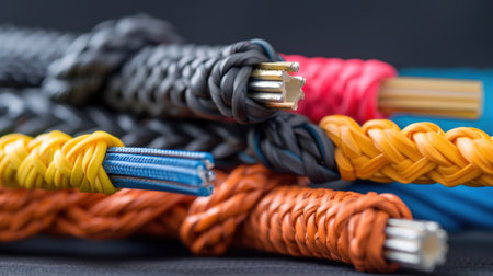 A vibrant collection of braided cords and wires displayed on a dark background, showcasing their intricate textures and colors for artistic projects.の素材