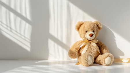 A charming teddy bear sits peacefully on a white table, bathed in soft sunlight that casts delicate shadows, creating a cozy and inviting atmosphere.の素材