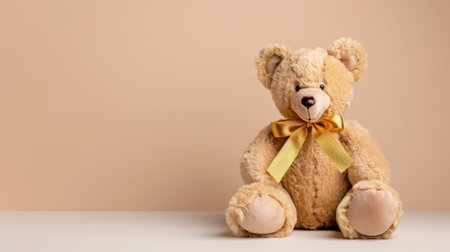 A soft teddy bear with a gentle expression and a yellow bow sits on a clean white surface against a neutral beige background, symbolizing comfort and joy.の素材