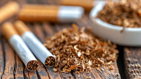 This detailed close-up captures shredded tobacco leaves alongside two cigarettes on a rustic wooden surface, showcasing natural textures and earthy colors.の素材