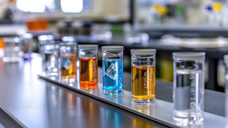 A vibrant display of liquids in glass containers, showcasing various colors on a laboratory bench. Ideal for scientific research and educational use.の素材