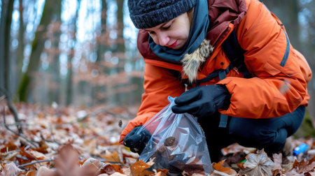 A woman in a warm orange jacket collects natural samples from the forest floor, showcasing her dedication to environmental conservation and exploration.の素材