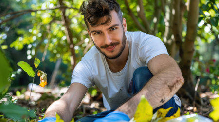 A young man is actively engaged in gardening, surrounded by vibrant greenery and falling leaves, displaying a joyful expression in a sunny environment.の素材