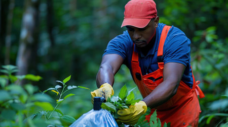 A focused male gardener diligently collects fresh leaves in a vibrant forest setting. His care for nature reflects dedication to sustainability and environmental health.の素材