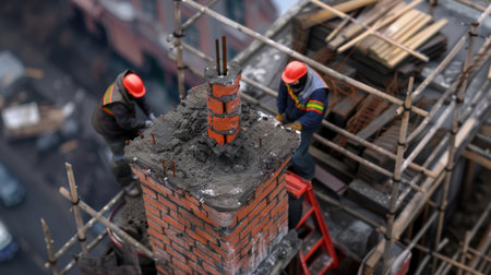 Two construction workers wearing hard hats are engaged in brickwork for a chimney on a building site, surrounded by scaffolding and construction materials.の素材
