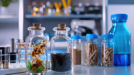 A detailed view of a laboratory setup featuring glass jars filled with various natural ingredients and chemical compounds, highlighting the beauty of science.の素材
