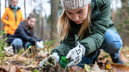 A young woman carefully plants a tree seedling in the forest while her friends assist in a beautiful autumn setting, emphasizing teamwork and nature conservation.の素材