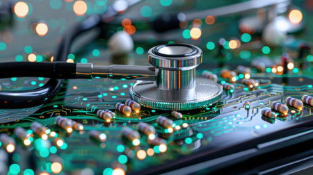 A close-up image featuring a stethoscope resting on a vibrant circuit board, illuminated by colorful lights, symbolizing the intersection of technology and healthcare.の素材