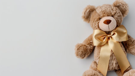 A delightful plush teddy bear adorned with a shiny golden ribbon, perfect for gifts, children's rooms, or special occasions to evoke warmth and joy.の素材