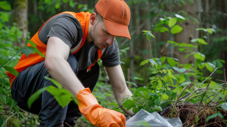 A dedicated young man in an orange vest and gloves tends to plants in a vibrant forest, showcasing his commitment to environmental sustainability and community gardening initiatives.の素材