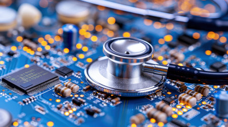 A detailed close-up image showing a stethoscope placed on a vibrant circuit board, symbolizing the intersection of healthcare and technology innovation.の素材
