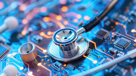 A striking close-up of a stethoscope resting on a vibrant circuit board, symbolizing the intersection of technology and healthcare in modern diagnostics.の素材