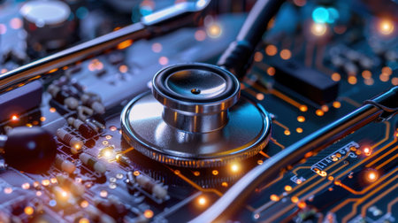 A detailed close-up of a stethoscope resting on a circuit board showcases the intersection of technology and healthcare, highlighting modern medical innovation.の素材