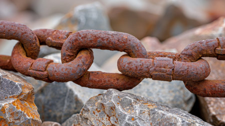 Close-up view of a rusty chain link resting on a bed of rough stones, showcasing the contrast between the industrial material and natural elements.の素材