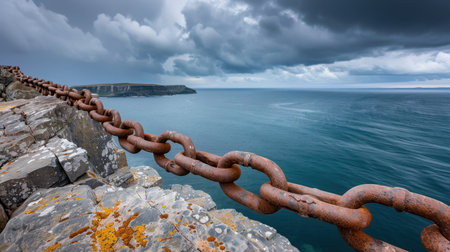 A compelling image showcasing a rusty chain anchored on rocky terrain overlooking serene ocean waters and a dramatic stormy sky in the background.の素材