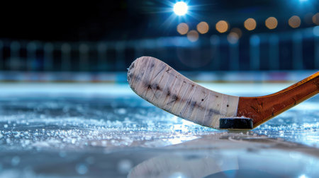 This close-up image captures an ice hockey stick resting on a rink, showcasing the texture of the blade and the reflections on the ice surface.の素材