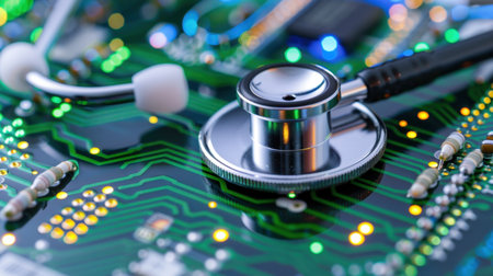 A detailed close-up of a stethoscope resting on a circuit board, illustrating the intersection of medical technology and digital innovation in healthcare.の素材
