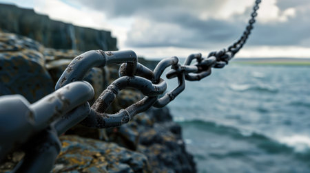 This close-up photo captures a heavy metal chain extending over water, showcasing its strength against a stunning backdrop of dramatic clouds and waves.の素材