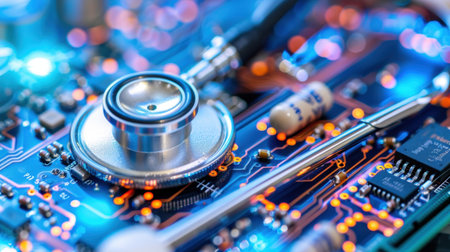 This image showcases a stethoscope placed on a vibrant circuit board, symbolizing the fusion of technology and healthcare, highlighting innovation in medical equipment.の素材