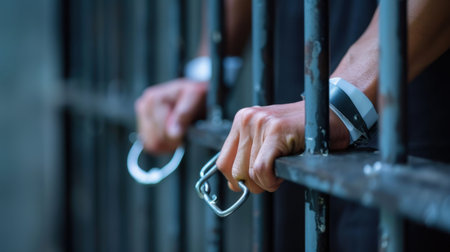 Close-up view of hands gripping metal bars with handcuffs, illustrating themes of imprisonment, loss of freedom, and the harsh realities of confinement.の素材