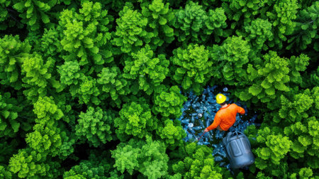 Aerial view of a person in an orange outfit and helmet collecting trash amidst dense green trees, highlighting the importance of environmental cleanup efforts.の素材
