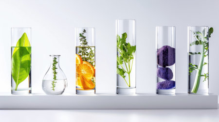A visually appealing arrangement of fresh herbs and vegetables in clear glass containers, showcasing vibrant colors and natural beauty, ideal for culinary inspiration.の素材