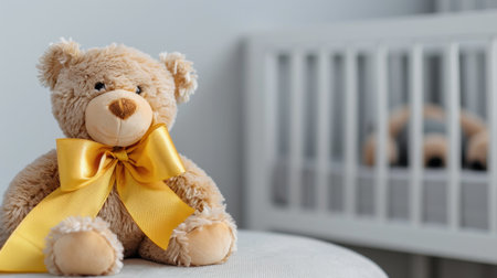 A charming plush teddy bear with a bright yellow ribbon sits gracefully in a serene nursery setting, embodying comfort and childhood joy.の素材