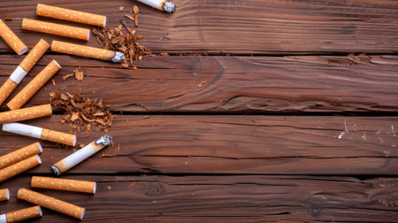 A close-up view of discarded cigarette butts and tobacco shavings scattered on a rustic wooden surface, illustrating the impact of smoking on the environment.の素材