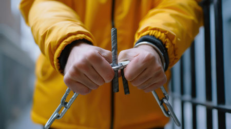 A close-up view of hands gripping a tool connected to chains, set against an urban backdrop. The vibrant yellow jacket adds a splash of color, emphasizing craftsmanship and strength.の素材