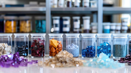A vibrant display of raw gemstones and mineral samples arranged in clear containers, showcasing a variety of colors and textures in a well-lit studio environment.の素材