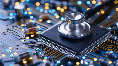 This image depicts a close-up view of a stethoscope placed on a detailed computer circuit board, symbolizing the merging of healthcare and technology.の素材