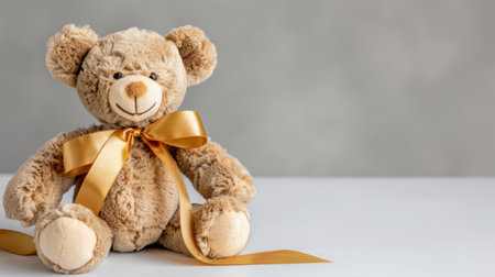 This charming teddy bear, adorned with a soft brown ribbon, offers warmth and comfort for children. It is perfect for gifts, decor, or playtime.の素材