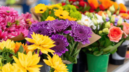 A vibrant display of fresh flowers showcasing an array of colorful blooms in a local market stall. Various types of flowers bring beauty and freshness, ideal for decoration.の素材