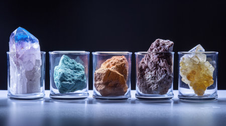 A captivating arrangement of various colorful mineral crystals in clear glass containers, set against a dark background, highlighting their unique shapes and textures.の素材