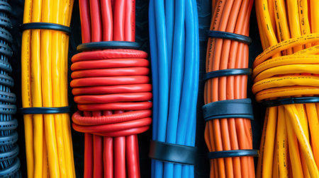 This image showcases a vibrant array of coiled electrical wires and cables in various colors, perfectly organized for easy access and use in projects.の素材