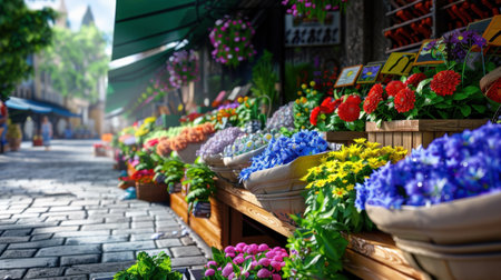 A picturesque scene of a busy flower market filled with vibrant flowers and lush greenery, showcasing an array of colorful arrangements on a sunny day.の素材