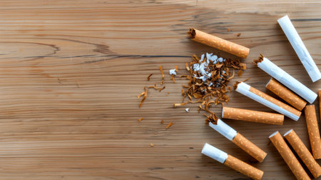 An overhead view of broken cigarettes scattered with shredded tobacco on a rustic wooden surface, highlighting the negative aspects of smoking behavior.の素材