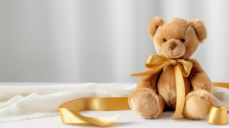 This charming teddy bear is adorned with a golden ribbon, perfect for children's gifts or nursery decor, adding warmth and coziness to any space.の素材