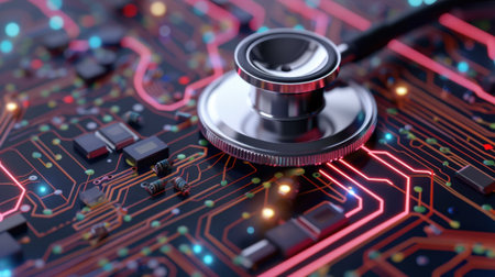 This image represents the fusion of healthcare and technology, showcasing a stethoscope on a circuit board, symbolizing digital innovation in medicine.の素材